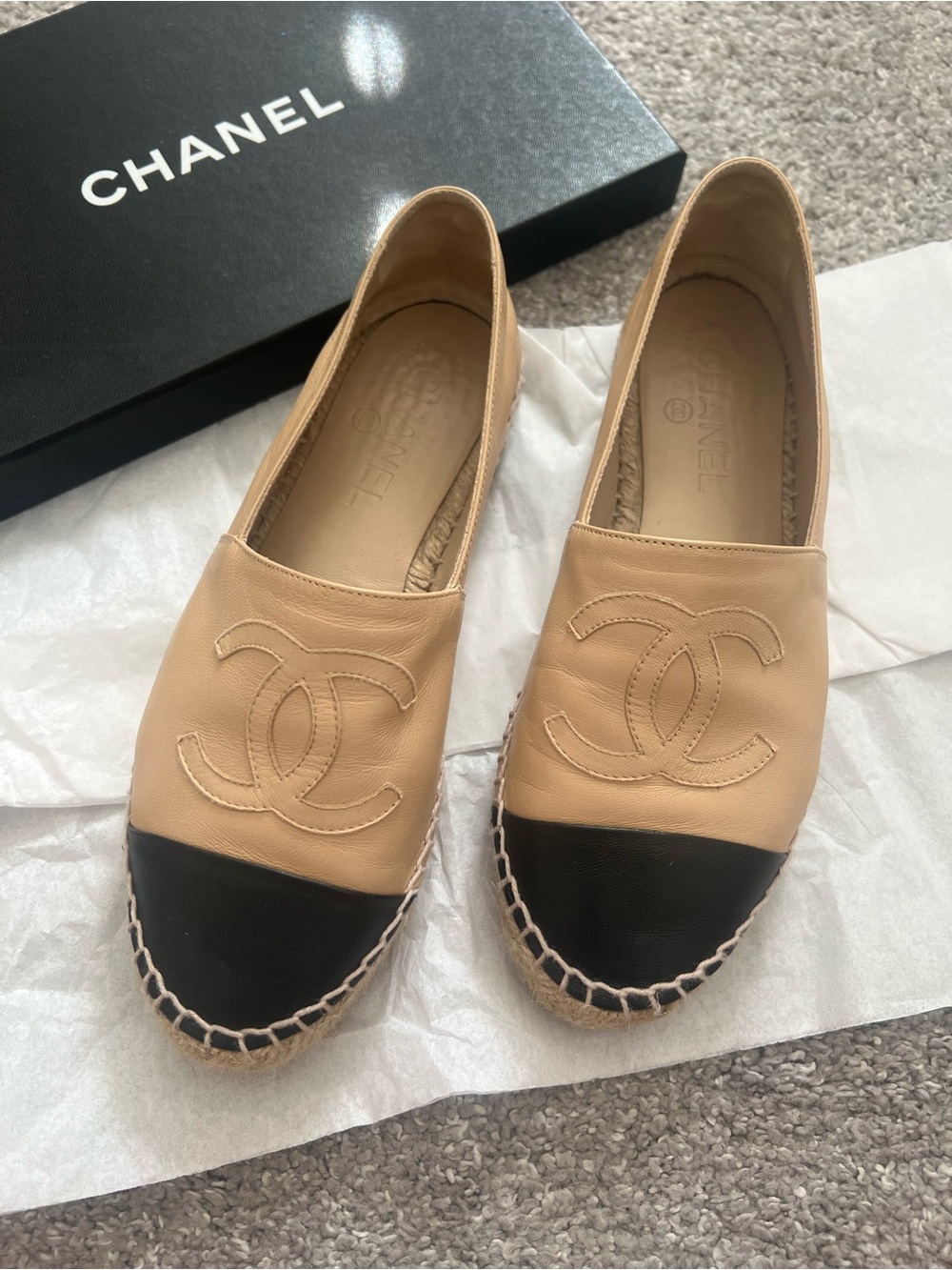 CHANEL Women's Beige and Black Leather Espadrille Flats